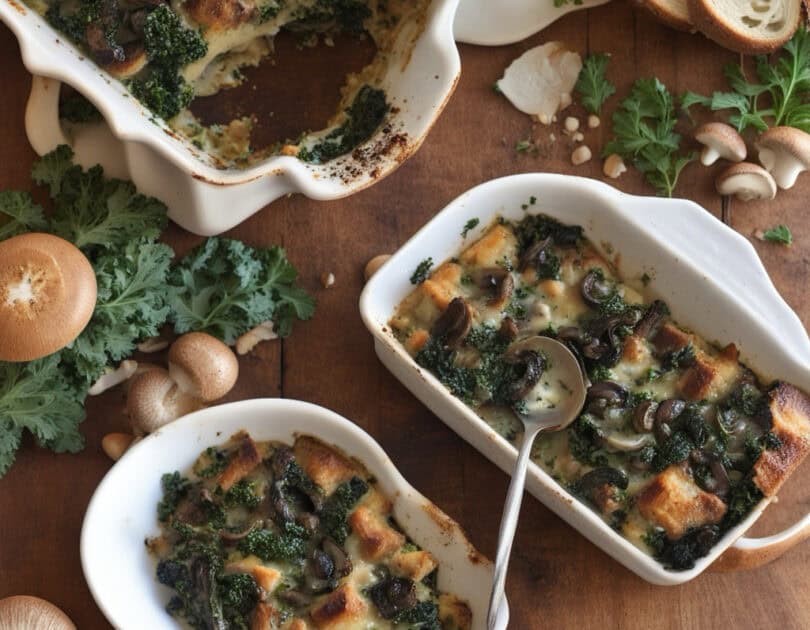 Kale Mushroom and Leek Savoury Bread Pudding