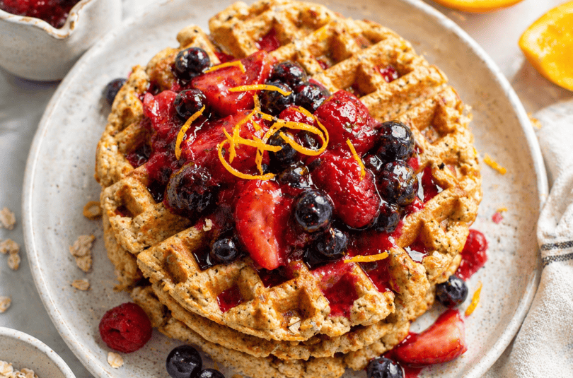 Oat Waffles with Honey-Orange Berry Compote